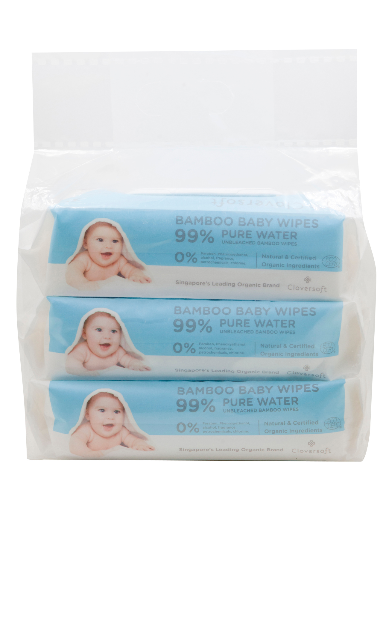 Cloversoft Baby Wipes (Unbleached Bamboo Pure Water Organic Baby Wipes 3 X 70 Sheets) - Bundle of 2