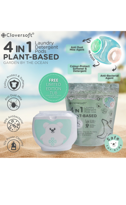 Cloversoft Plant Based 4 in 1 Anti Dust Mite Laundry Pods (Garden by the Ocean) - Bundle of 3 with FREE TUB