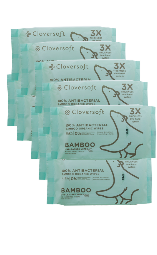 Cloversoft Unbleached Bamboo 99.9%  - Antibacterial Organic Wipes (40 Sheets per pack) - Bundle of 10
