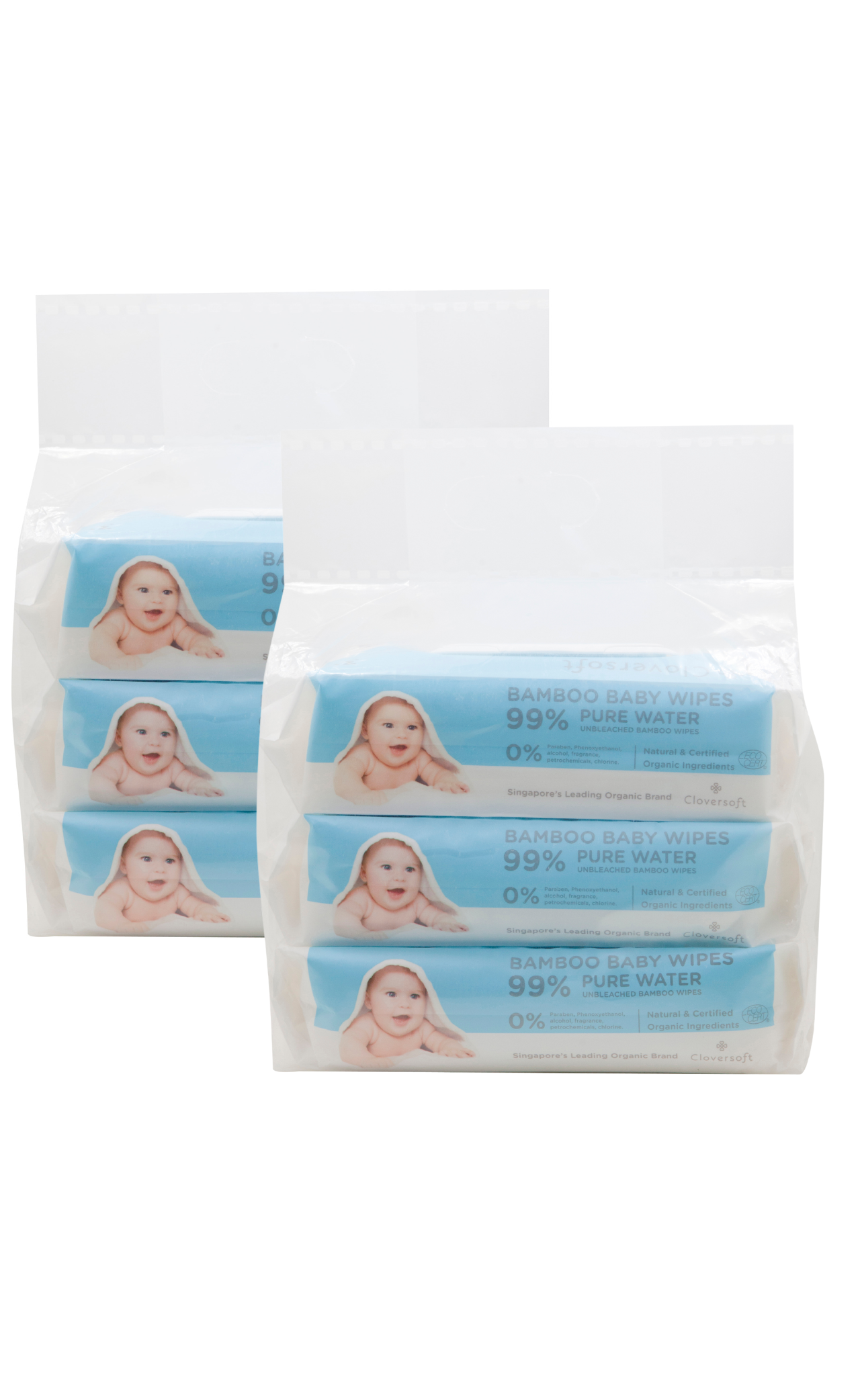 Cloversoft Baby Wipes (Unbleached Bamboo Pure Water Organic Baby Wipes 3 X 70 Sheets) - Bundle of 2